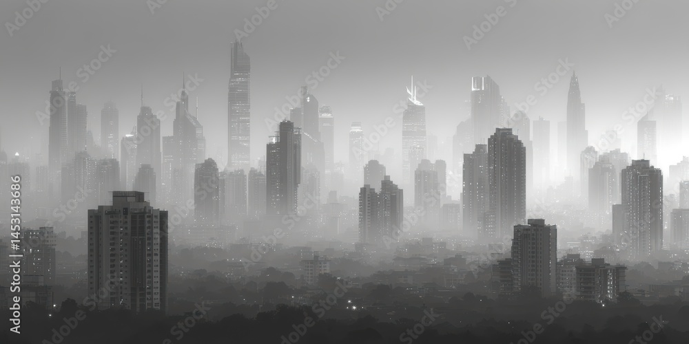 Fototapeta premium Misty Cityscape A Black and White Panoramic View of Modern Skyscrapers
