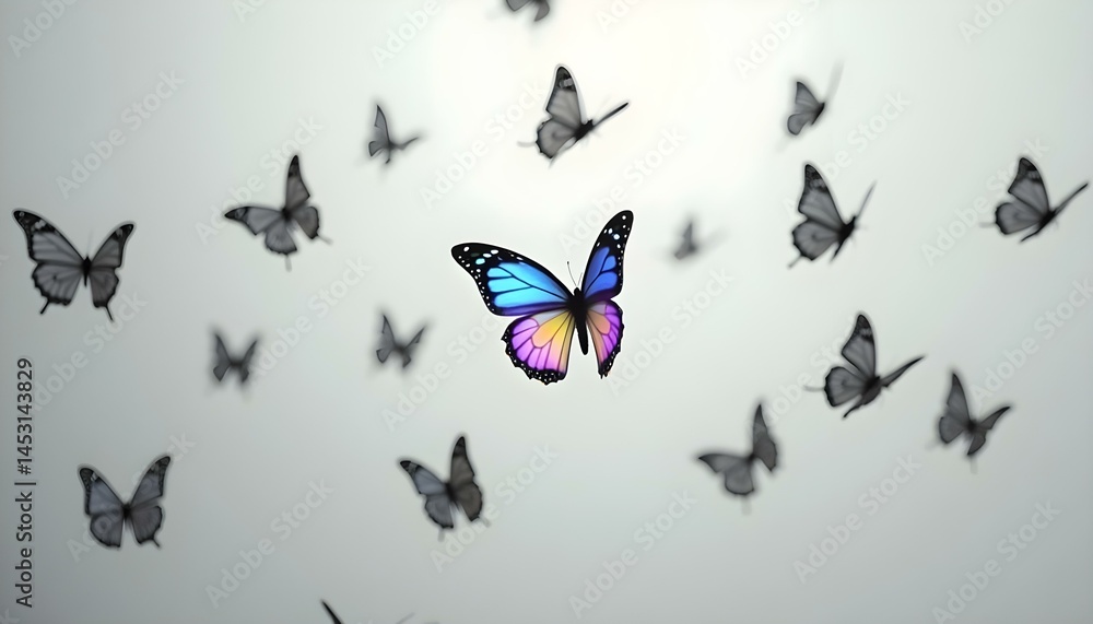 Fototapeta premium Single glowing neon butterfly flying apart from monochrome butterflies, visual metaphor for freedom, diversity, autism and neurodiverse identity