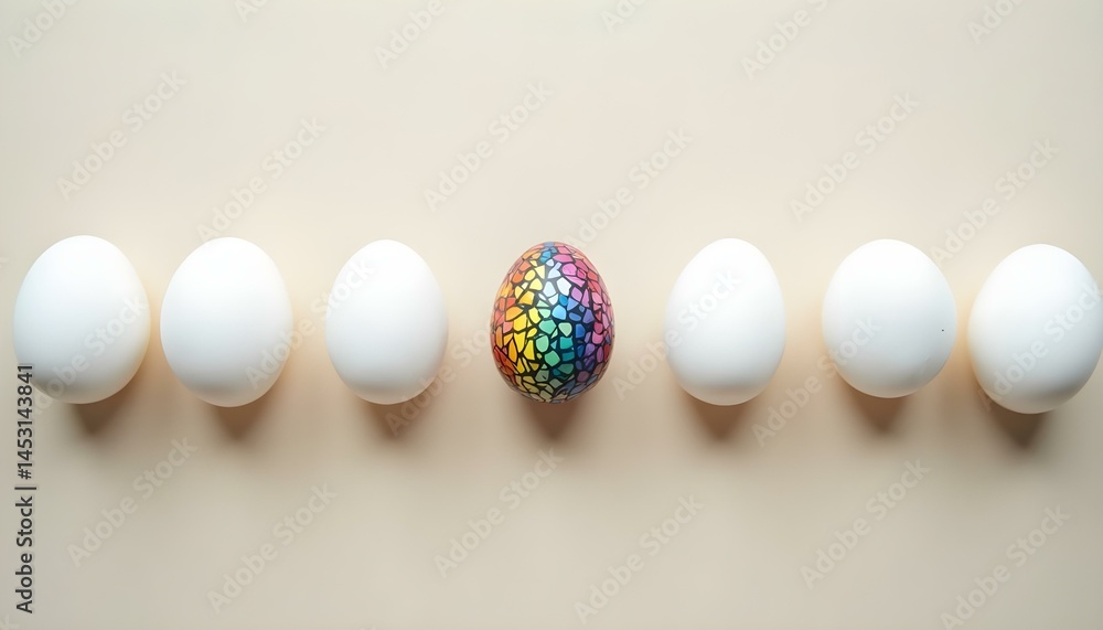 One multicolored egg among white eggs on neutral background, conceptual minimalism for autism and neurodiversity awareness One multicolored egg among white eggs on neutral background, conceptual minimalism for autism and neurodiversity awareness