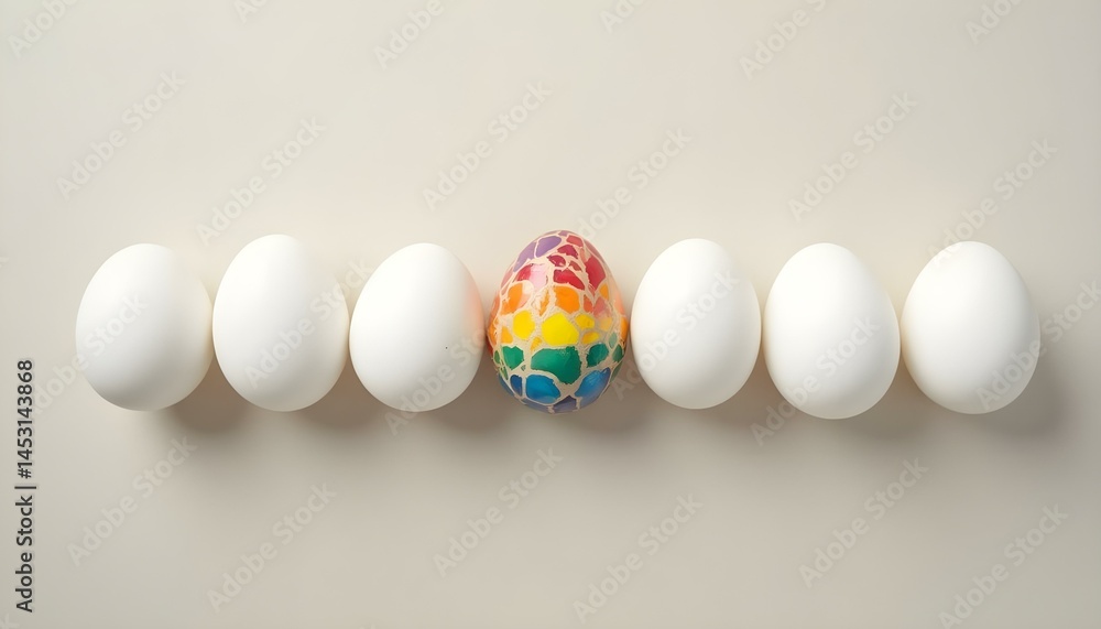 One multicolored egg among white eggs on neutral background, conceptual minimalism for autism and neurodiversity awareness One multicolored egg among white eggs on neutral background, conceptual minimalism for autism and neurodiversity awareness