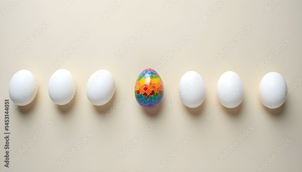 One multicolored egg among white eggs on neutral background, conceptual minimalism for autism and neurodiversity awareness One multicolored egg among white eggs on neutral background, conceptual minimalism for autism and neurodiversity awareness