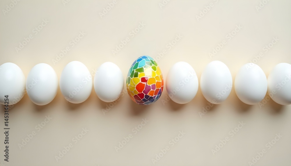 One multicolored egg among white eggs on neutral background, conceptual minimalism for autism and neurodiversity awareness One multicolored egg among white eggs on neutral background, conceptual minimalism for autism and neurodiversity awareness