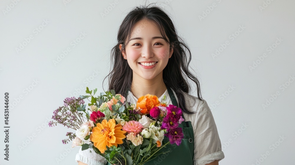 Smiling Florist Holding a Vibrant Bouquet Smiling Florist Holding a Vibrant Bouquet
