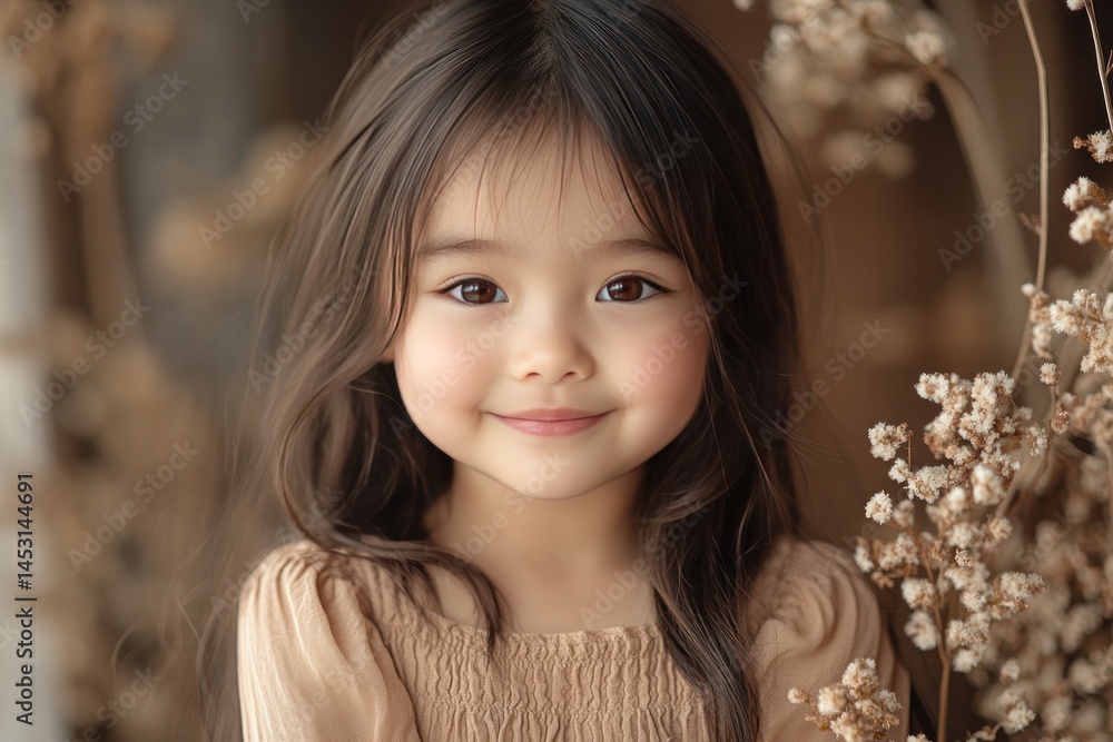Fototapeta premium Adorable Little Girl with Long Brown Hair in a Beige Dress