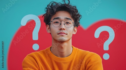 Portrait of a pensive young man with question marks. A contemplative mood.