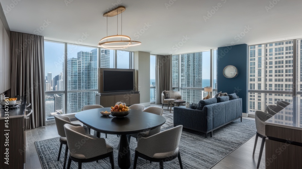 Fototapeta premium Interior view of a luxury apartment with modern furniture and a city view