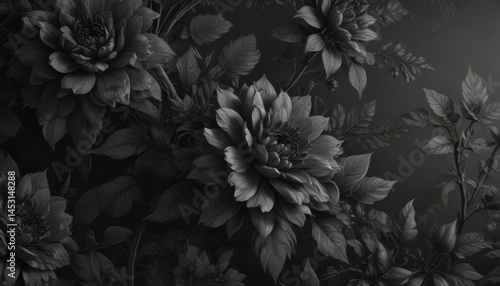 Intricate charcoal floral wallpaper, abstract botanical design, leaves, texture