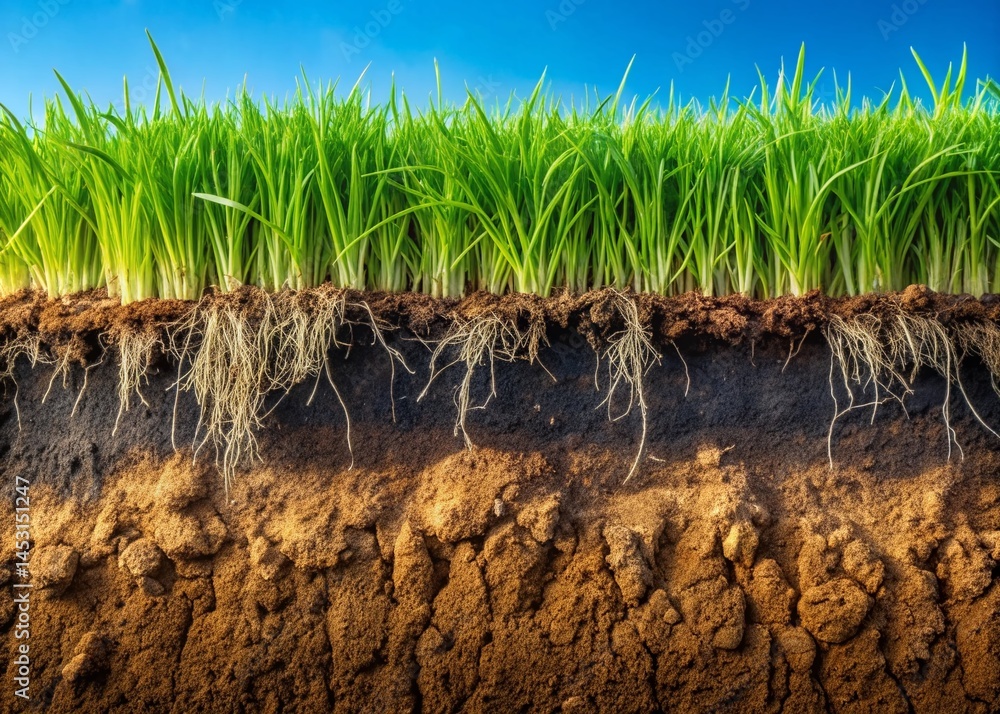 Obraz premium Close-Up Soil Layers & Grass Roots: Nature's Underground Ecosystem Stock Photo