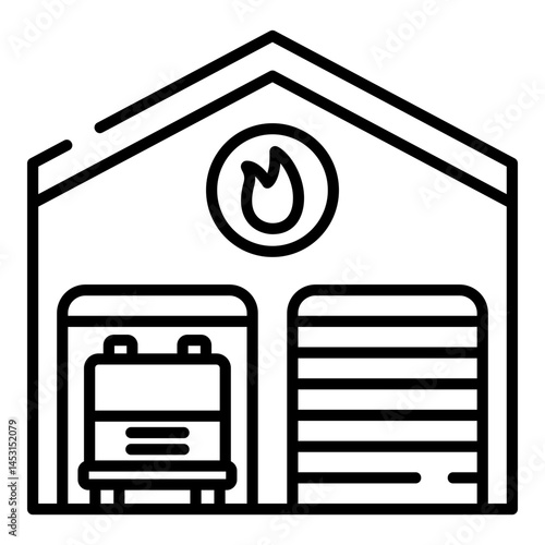 Fire station, firehouse black line icon