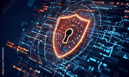 Digital Security Concept with Shield and Lock Symbol in Glowing Data Network Background Video Animation