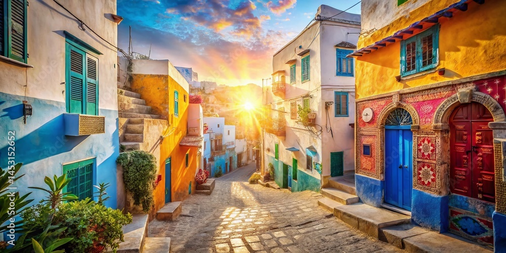 Obraz premium Colorful Tunisian Houses Street Double Exposure Stock Photo