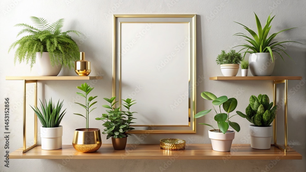 Contemporary Interior Design: Gold Potted Plants Shelf Mockup - Double Exposure Blank Frame Contemporary Interior Design: Gold Potted Plants Shelf Mockup - Double Exposure Blank Frame