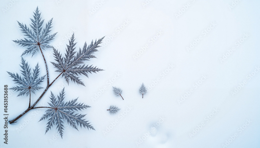 Autumn Leaves Frame, Thanksgiving with Frosty Leaves on Snowy Background