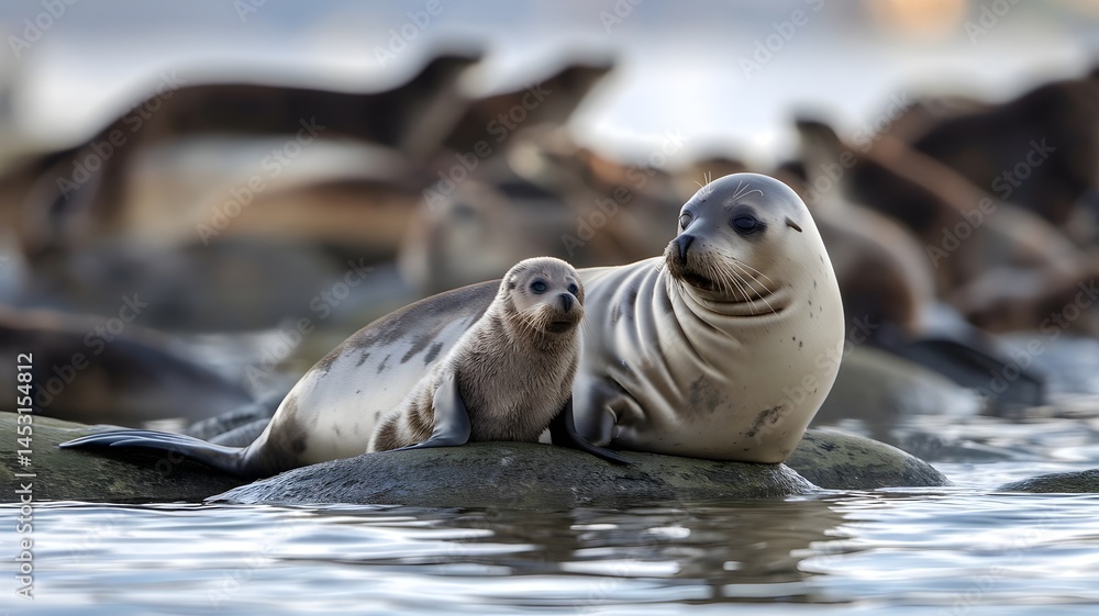 Obraz premium A heartwarming moment of a seal and its pup resting together by the water. The scene is a beautiful depiction of wildlife and natural beauty. The seals, with their sleek coats.