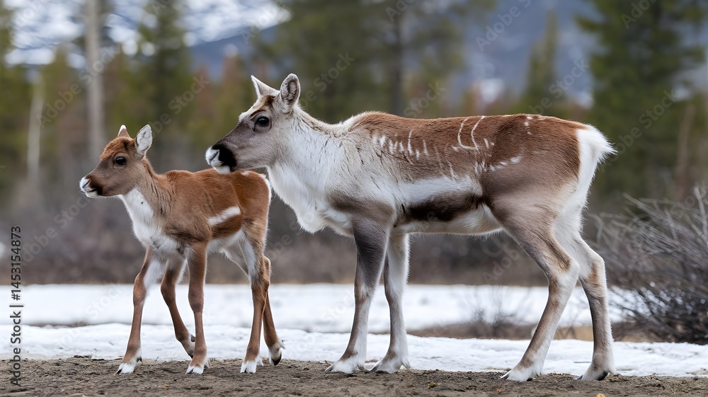 Naklejka premium A mother reindeer stands with its young, both set against a backdrop of a snowy terrain