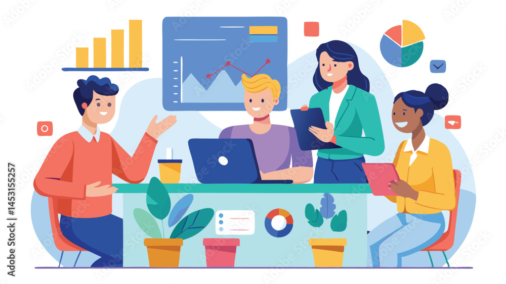 Working together on data analysis in a modern office environment with diverse team members engaged in discussion and collaboration Working together on data analysis in a modern office environment with diverse team members engaged in discussion and collaboration