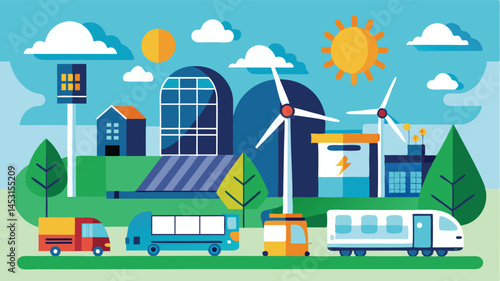 Vector illustration depicting a modern sustainable city with renewable energy sources, including wind turbines and public transport options