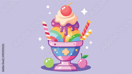 Delicious and colorful ice cream sundae with sprinkles and fruits set against a vibrant purple background