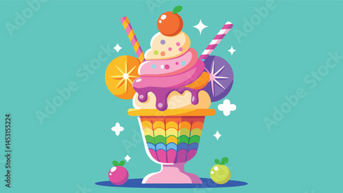 Delicious and colorful ice cream sundae with sprinkles and fruits set against a vibrant purple background