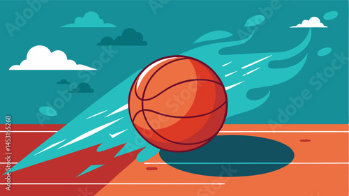 Dynamic vector illustration of a basketball speeding down a court with flames trailing behind during daytime in a vibrant, stylized landscape