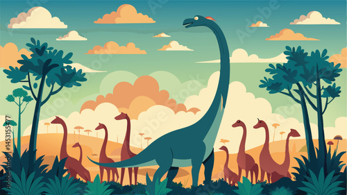 Vector illustration of dinosaurs interacting in a prehistoric landscape with mountains and trees showing a vibrant sunset ambiance