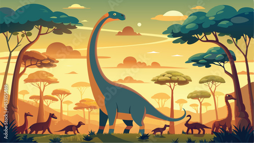 Vector illustration of dinosaurs interacting in a prehistoric landscape with mountains and trees showing a vibrant sunset ambiance
