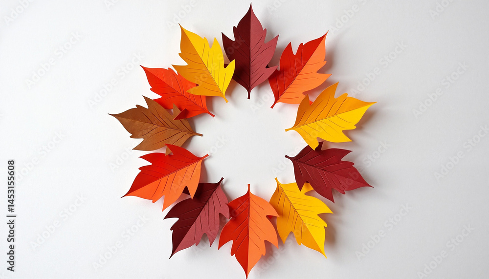 Autumn Leaves Circle Arrangement on White Background