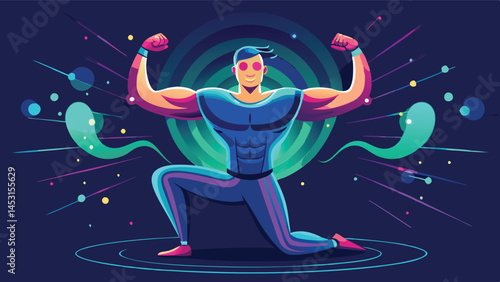 Strong figure flexing muscles in vibrant vector illustration showcasing fitness and determination against a dynamic background of colors and shapes