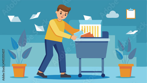 Person clearing documents from a desk into a paper shredder in a modern office environment while maintaining organization at work