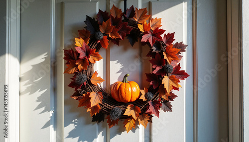 Obraz na płótnie Autumn wreath with pumpkin and colorful leaves on a door w salonie