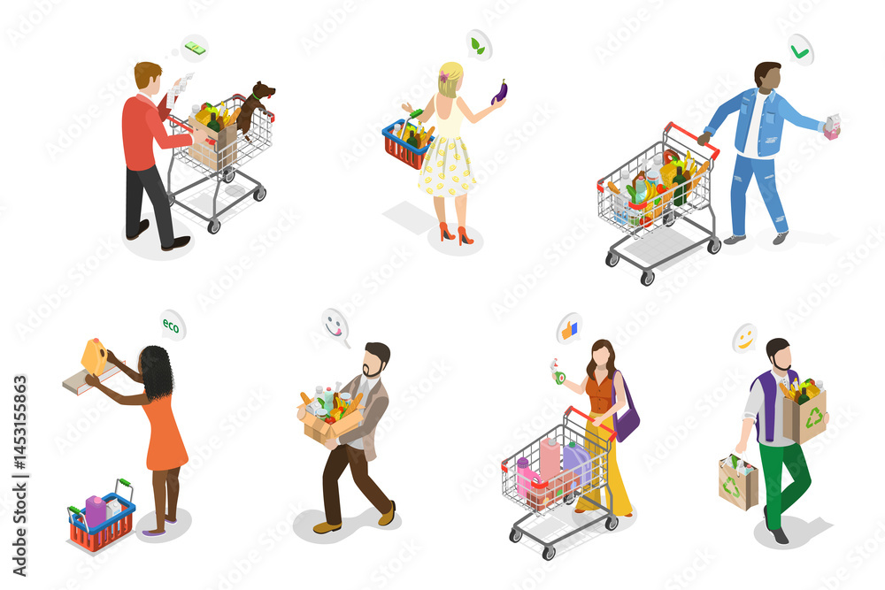 3D Isometric Flat Illustration of Happy Shoppers, People Having Good Time in a Mall or Grocery Store 3D Isometric Flat Illustration of Happy Shoppers, People Having Good Time in a Mall or Grocery Store