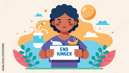 Vector illustration of a young person promoting healthy eating with a sign highlighting the importance of fresh food and environmental awareness