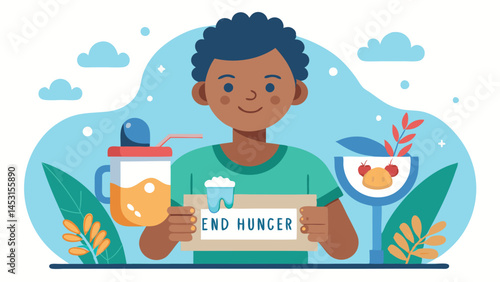 Vector illustration of a young person promoting healthy eating with a sign highlighting the importance of fresh food and environmental awareness