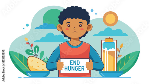 Vector illustration of a young person promoting healthy eating with a sign highlighting the importance of fresh food and environmental awareness