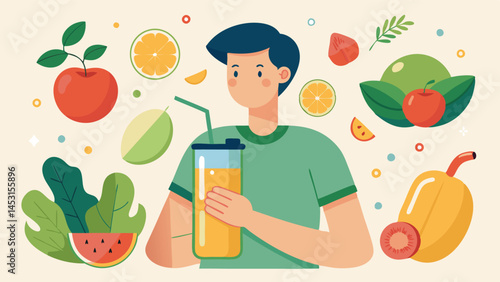 Enjoying a refreshing green smoothie surrounded by a variety of colorful fruits and vegetables on a bright and cheerful backdrop