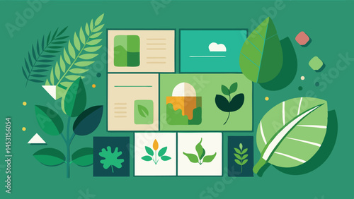 Vector illustration of lush green foliage and plant elements arranged in a modern layout highlighting nature and tranquility