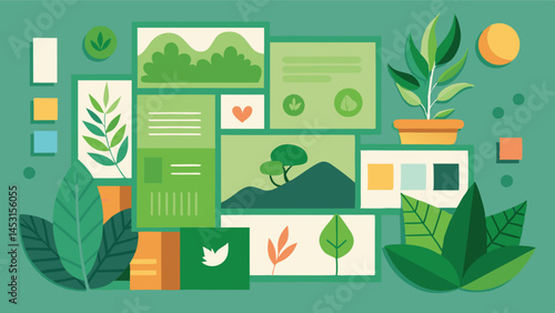 Vector illustration of lush green foliage and plant elements arranged in a modern layout highlighting nature and tranquility