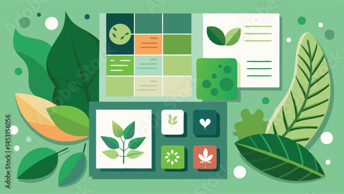 Vector illustration of lush green foliage and plant elements arranged in a modern layout highlighting nature and tranquility