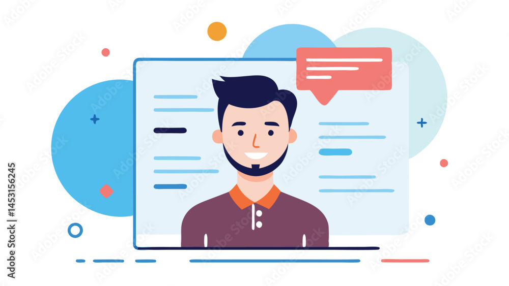 Vector illustration depicting a young professional with a resume and speech bubbles in a creative design setting Vector illustration depicting a young professional with a resume and speech bubbles in a creative design setting