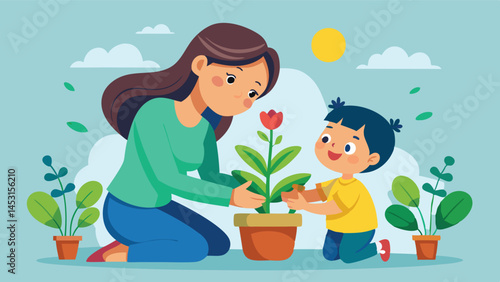 Mother and son planting flowers in a sunny garden on a bright day, enjoying quality time together and nurturing nature's beauty outdoors