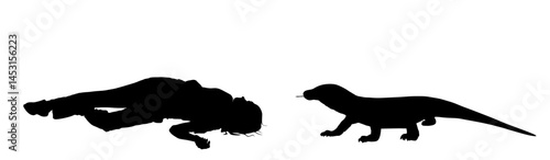 Komodo dragon hunting tourist girl on the ground vector silhouette illustration isolated. Biggest lizard ambush attacks injured woman victim lie down. Human prey Komodo monitor. Varanus komodoensis