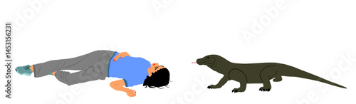Komodo dragon hunting tourist girl on the ground vector illustration isolated. Biggest lizard ambush attacks injured woman victim lie down. Accident human prey for Komodo monitor. Varanus komodoensis.