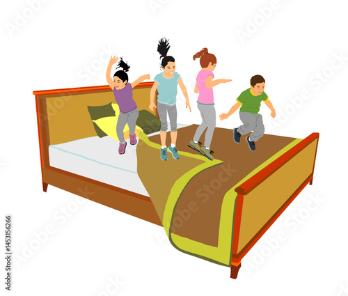 Happy children jumping on bed vector illustration isolated. Living room furniture for rest sleep. Naughty kids jump on hotel bed. Rude hyperactive girls, boy cause damage and mess. Brother sisters fun