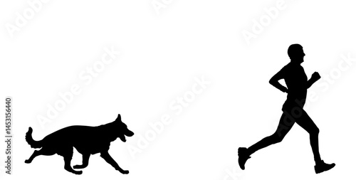 German shepherd dog chasing a man running vector silhouette illustration isolated. Scared man runs away from a dog attack shape shadow. Boy sprinter run with dog pet urban sport activity recreation.