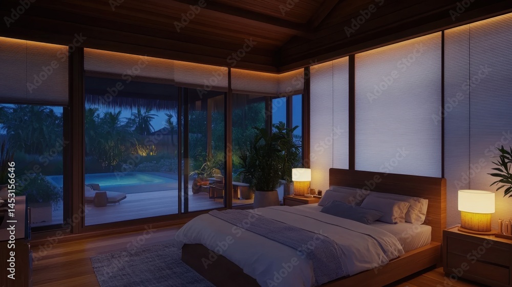 Fototapeta premium Ambient bedroom light system adjusting automatically to daylight through smart blinds