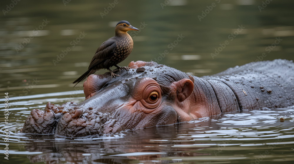Fototapeta premium A hippopotamus's head half emerged under water, Hippopotamus amphibius, an African Jacana, Actophilornis africanus, sits on the hippos head