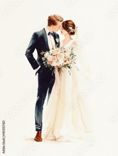 Free hand drawn watercolor drawing a wedding couple