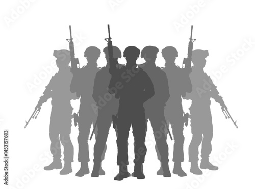Patriot soldiers with rifle defends country vector silhouette illustration isolated. Warriors on duty protect borders against enemy. Conflict action military war operation shape. Brave heroes company.