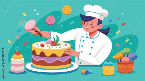 Celebration of dessert skills with a baker decorating a colorful cake in a vibrant bakery filled with sweet treats and cheerful decorations