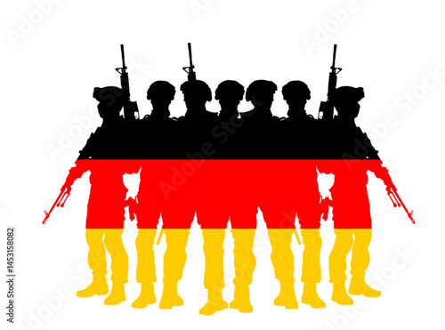 Germany flag patriot soldiers with rifle defends country vector silhouette illustration isolated. Warriors on duty protect borders against enemy. Conflict action German Military war operation shape.